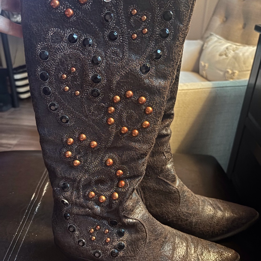 Brown Studded Knee-High Boots